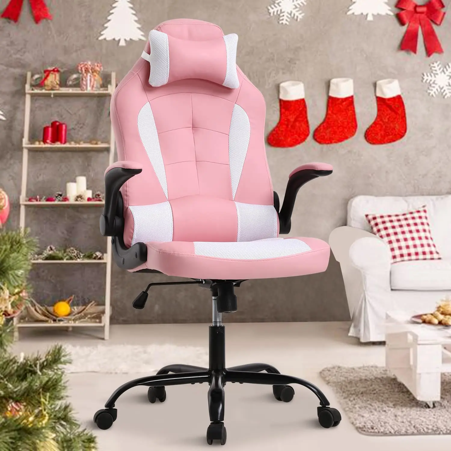 # Cadeira de Jogos Rosa Ergonômica, Cadeira de Escritório, Cadeira de Computador com Suporte Lombar e Apoio de Cabeça, Encosto Alto Ajustável, Persona