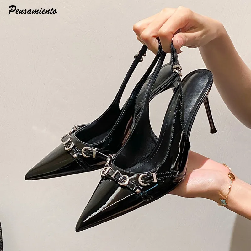 

2026 Summer Fashion Patent Leather Buckle Women Pumps Elegant Pointed toe Stiletto High heels Slingbacks Office Lady Dress Shoes