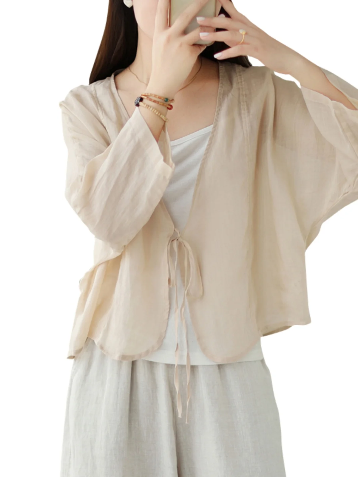 سترة نسائية طويلة للحماية من الشمس من مزيج القطن والكتان مفتوحة من الأمام irt V Ne Retro Sle Commute Faion