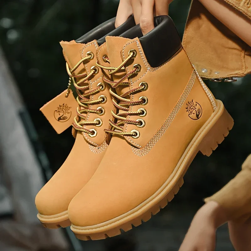 Real leather thick soled Martin boots, new men\'s and women\'s British style yellow boots, anti slip workwear shoes