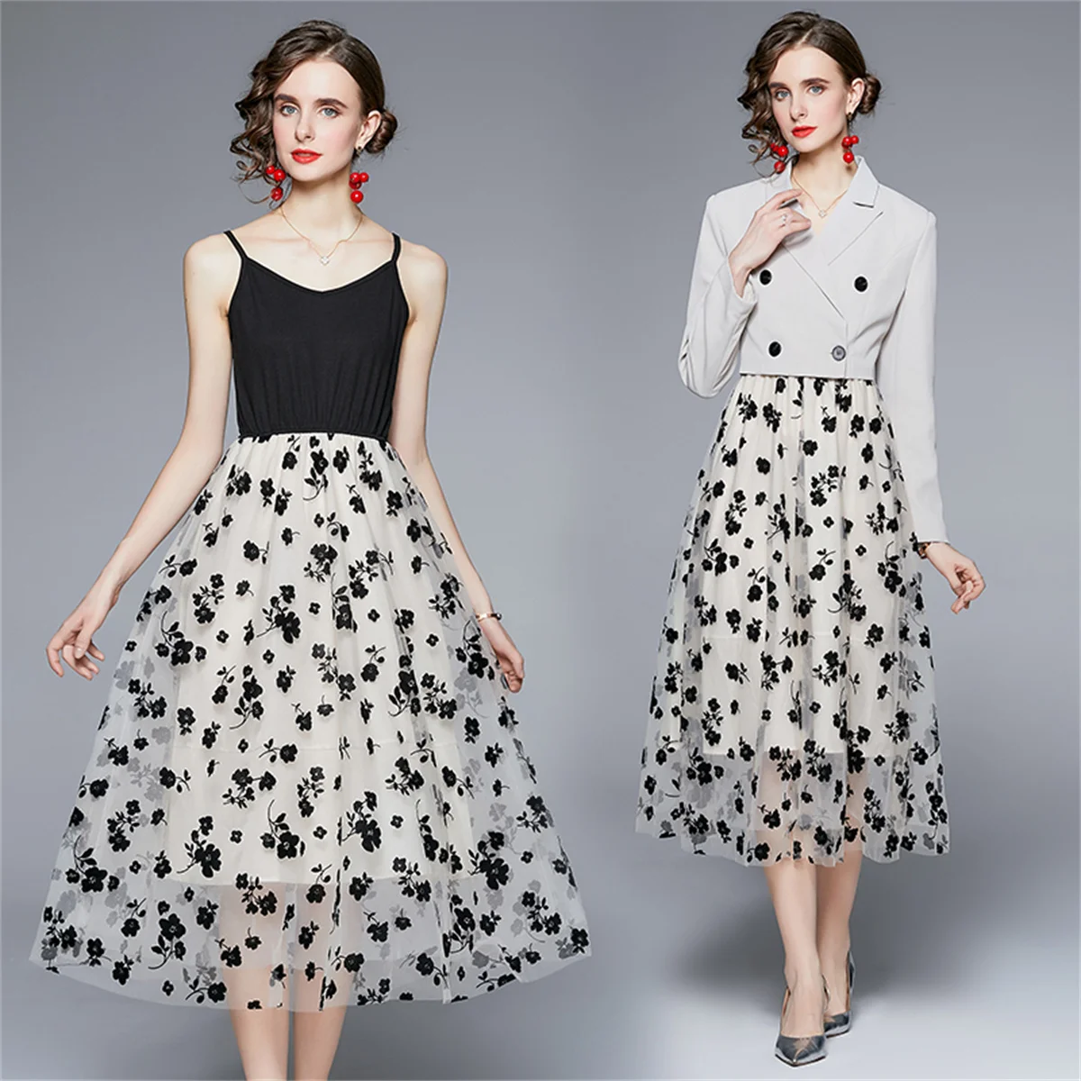 

Осеннее стильное флокированное платье без бретелек с цветочным принтом, комплект из двух предметов для женщин, элегантный повседневный пиджак, куртка, комплект из двух предметов, женская одежда