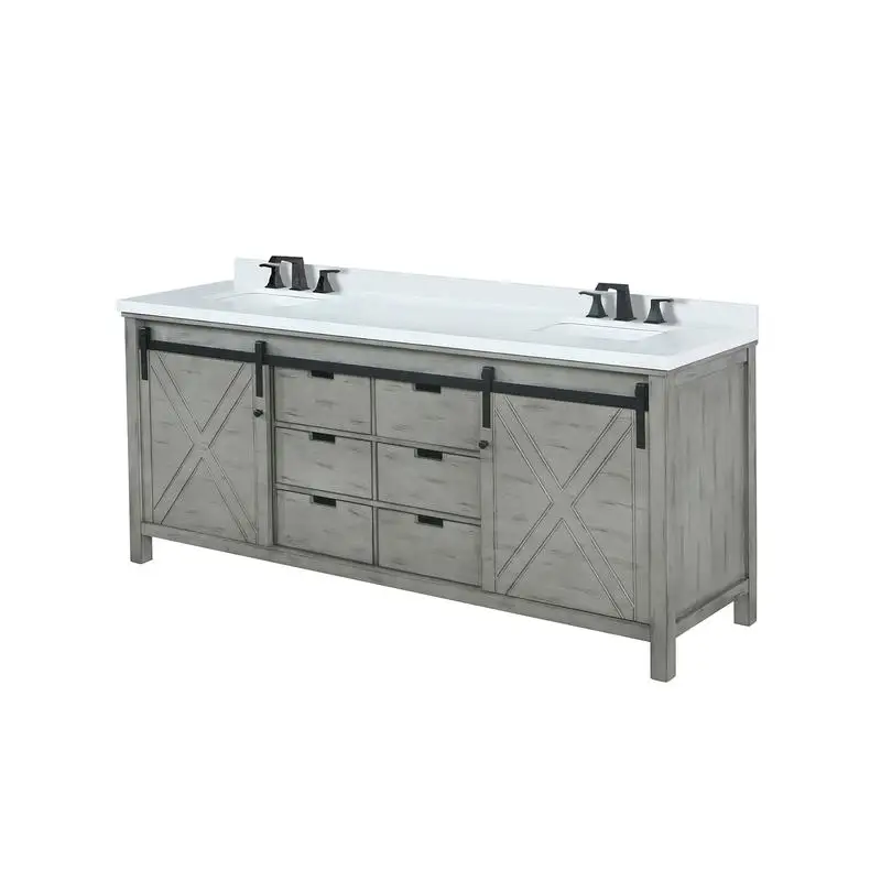 84 in. W Double Bath Vanity with Ash Grey Finish, 22 in. D, White Quartz Countertop & Faucet Set