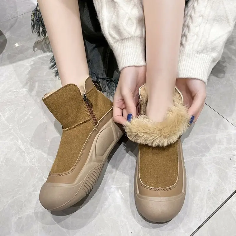 Handmade Women Shoes Retro Flat Casual Shoes Heel Lace-up Genuine Leather Plus Velvet Thickened Warm Winter Short Boots Sneakers