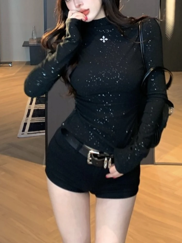 الحلو بارد سباركلي كم طويل أعلى المرأة السوداء ضئيلة عالية الرقبة المحملة حجر الراين التفاصيل لامعة تي شيرت فتاة الساخنة شيك الزي اليومي #2