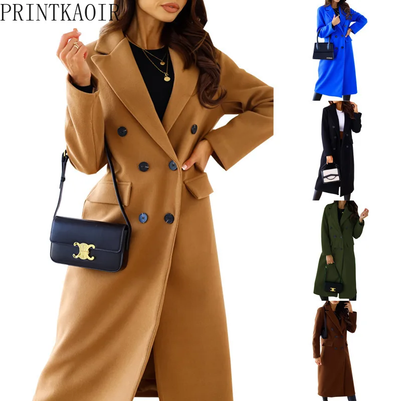 

PRINTKAOIR Women's Minimalist Double-Breasted Woolen Coat 2026 Winter Turn-Down Collar Long Sleeve Office Casual Warm Jacket