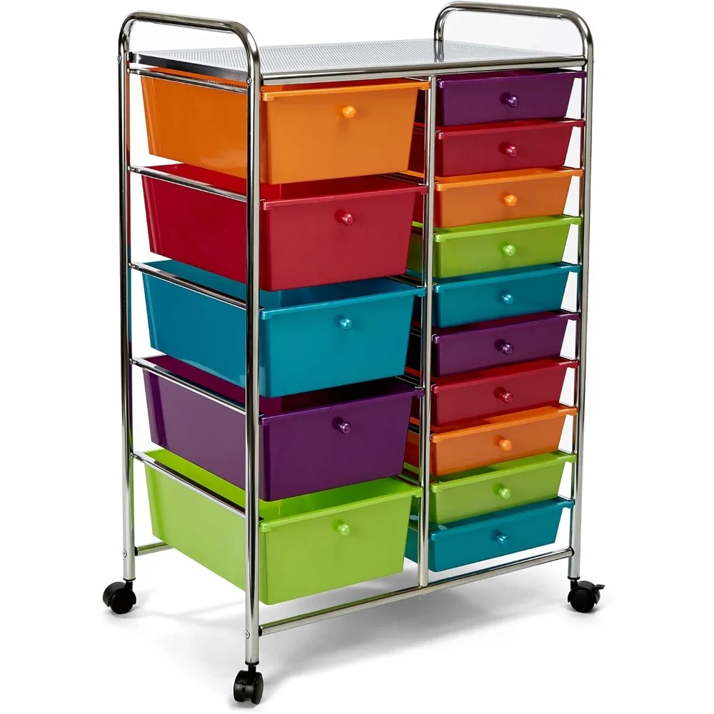 Rolling Utility Organizer Storage Cart , for Home Office, School, Classroom, Scrapbook, Hobby, Craft, 15 Drawer, Multicolor