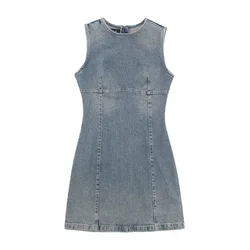 2024 Zarb Spring/Summer New Women's European and American style round neck patchwork versatile washed denim dress