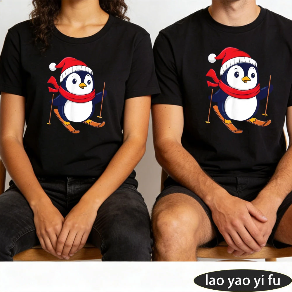 Cute Christmas Ski Penguin Santa Hat Graphic Tees Summer Casual Tops Winter Animal Lover Holiday Wear Men Women Short Sleeve
