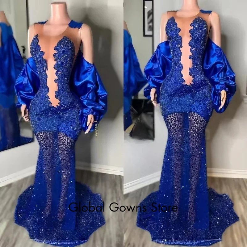 Nieuwkomers Koningsblauw Galajurken Illusie Kristal Steentjes Verjaardag Jurk Avond Formele Jurk Vestidos Aangepast