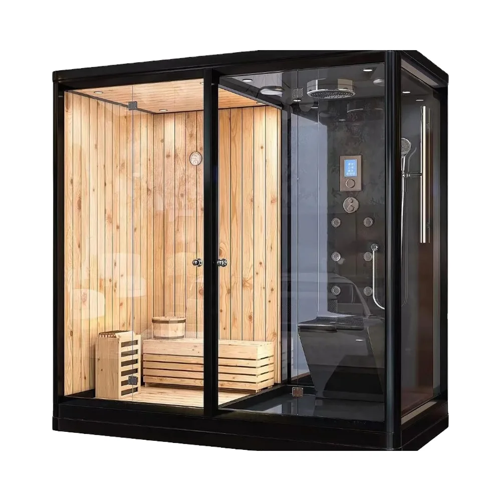 Indoor Sauna Shower Combination, Hemlock Wood Wet Steam Sauna, 1.2-1.8m Computer Controlled Canada Red Cedar Electric Sauna Room
