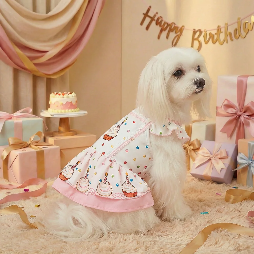 Vestido cumpleaños perro gato estampado judías cupcakes volantes - imagen 3