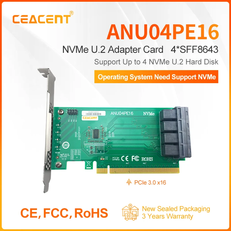 CEACENT ANU04PE16 PCIe 3.0 X16 NVMe SSD Adapter 4 Port MiniSAS HD SFF-8643 for 4 NVMe U.2 SSD New Retail with 3Yr Warranty