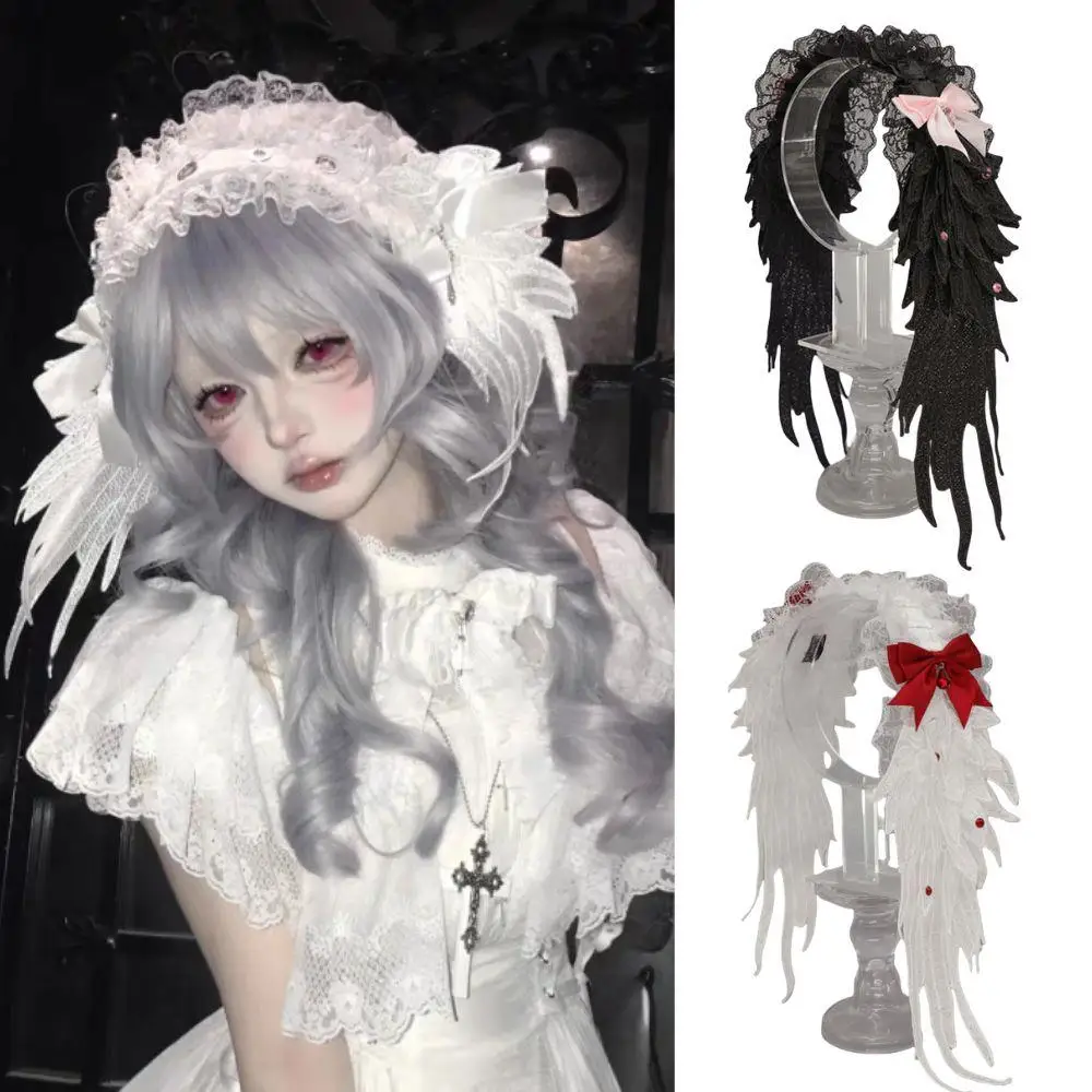 

Angel Wing Black White Headband Lolita Hair Band Dark Gothic Cosplay Hairbands Harajuku Punk Style Lace Wings Hair Accessories