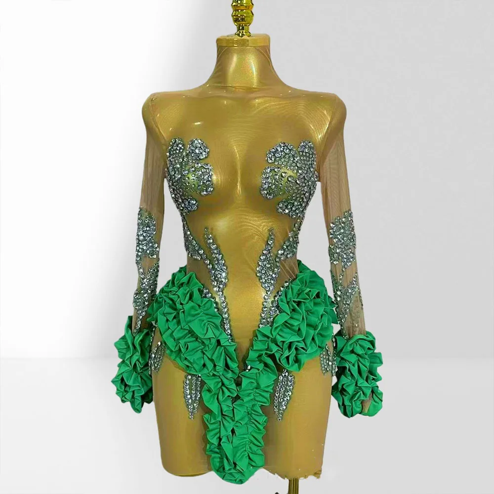 Robe moulante mini vert émeraude à manches longues, sexy, en maille transparente avec volants, pour performance en boîte de nuit