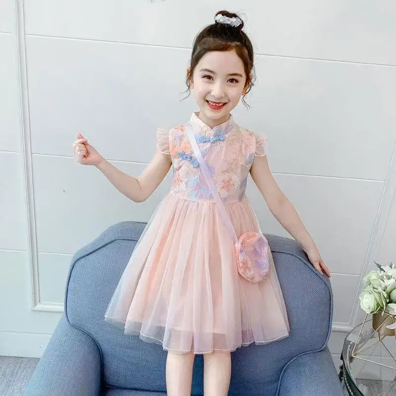 

Girls Dress Summer Western Style Cheongsam Princess Dress Retro Chinese Style Mesh Gauze Puffy Skirt Outer Wear Casual Simple