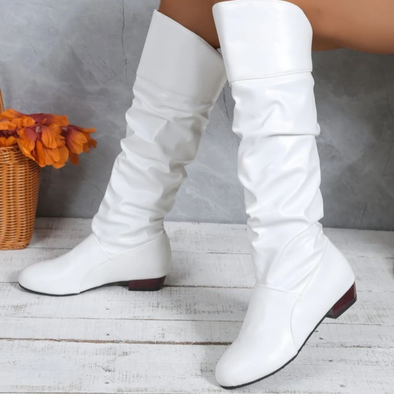 2025 New Fashion Woman’s Autumn Winter Boots Female Stretch PU Leather Shoes Woman White Roma Style Knee-Length