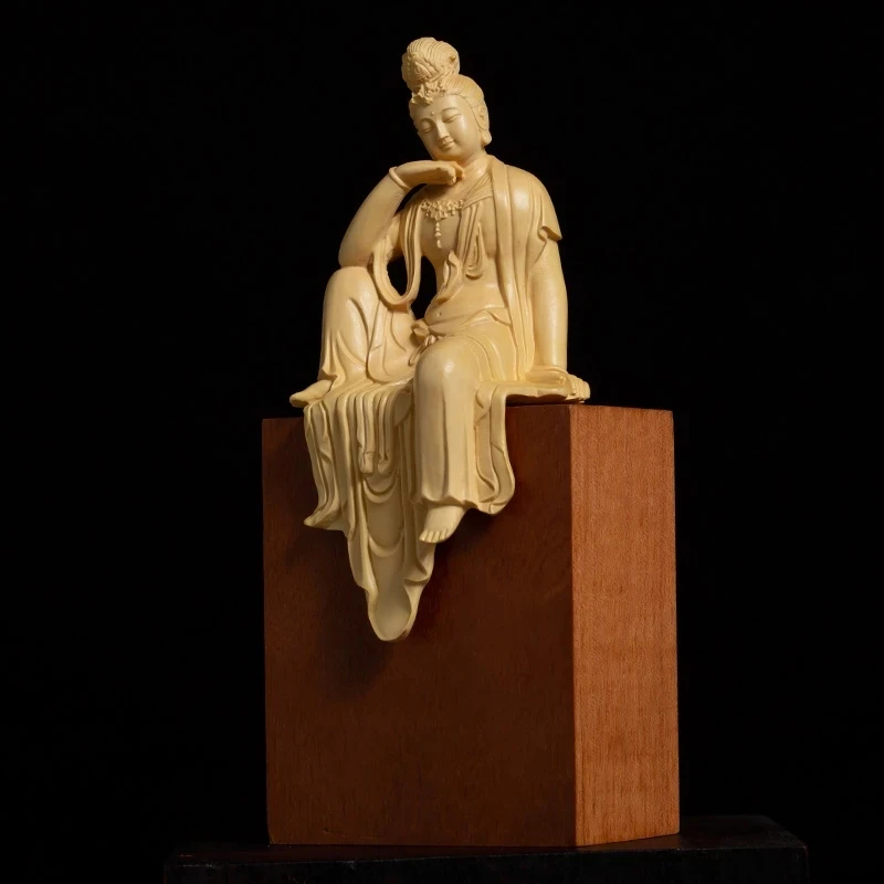 Boxwood 13cm Guanyin Bodhisattva Buddha Wood Statue Mascot Myth Figure Home Decor Sculpture