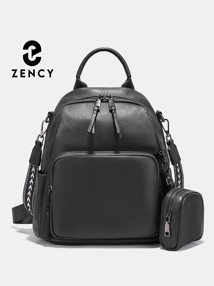 

Zency New Genuine Leather Women's Backpack Knapsack Multi-pocket Shoulder Bag 2025 Cowhide Leather Rucksack with Zip Coin Bag