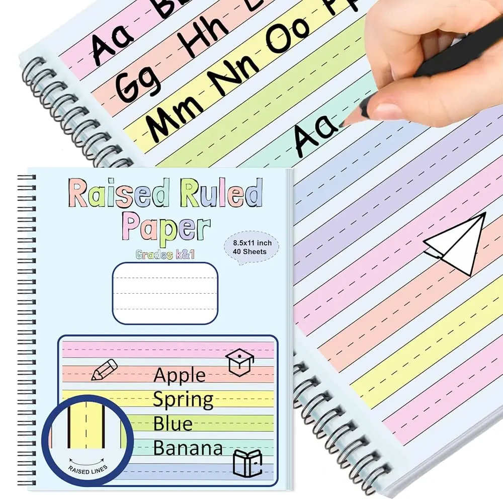 

Цветная бумага для рукописного ввода с рельефными линиями, 8,5x11 дюймов, широкая разлиновка, на спирали, для людей с СДВГ, интервал 0,63 дюйма, мультисенсорная