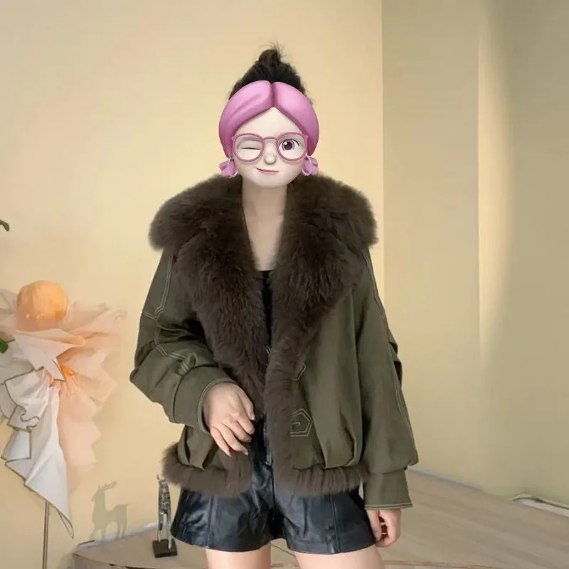Outerwear New Autumn Winter Style Large Fur Collar Motorcycle Short Fur-like Fur Coat Women's Best-selling Parker Down Jacket