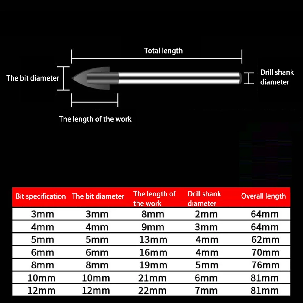 3/4/5/6/8/10/12mm Glass Drill Bit Tungsten Carbide Tipped Ceramic Tile Cutter Power Tool For Ceramics, Granite, Tiles, Stone