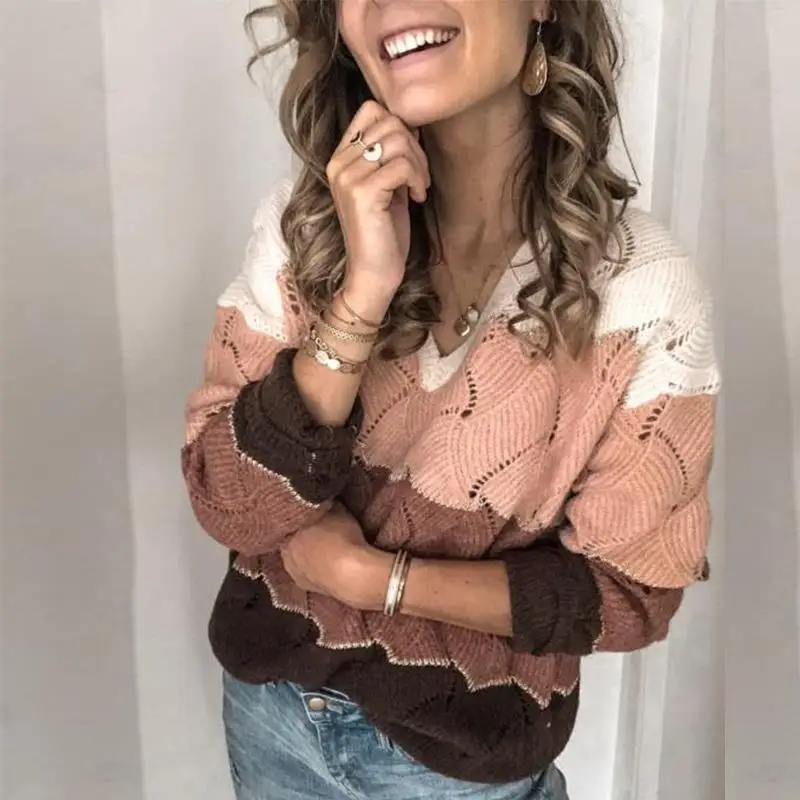 2025 Autumn/Winter New Women's Color blocked Design Warm Round Neck Long Sleeve Sweater Knitted Sweater Versatile Hoodie