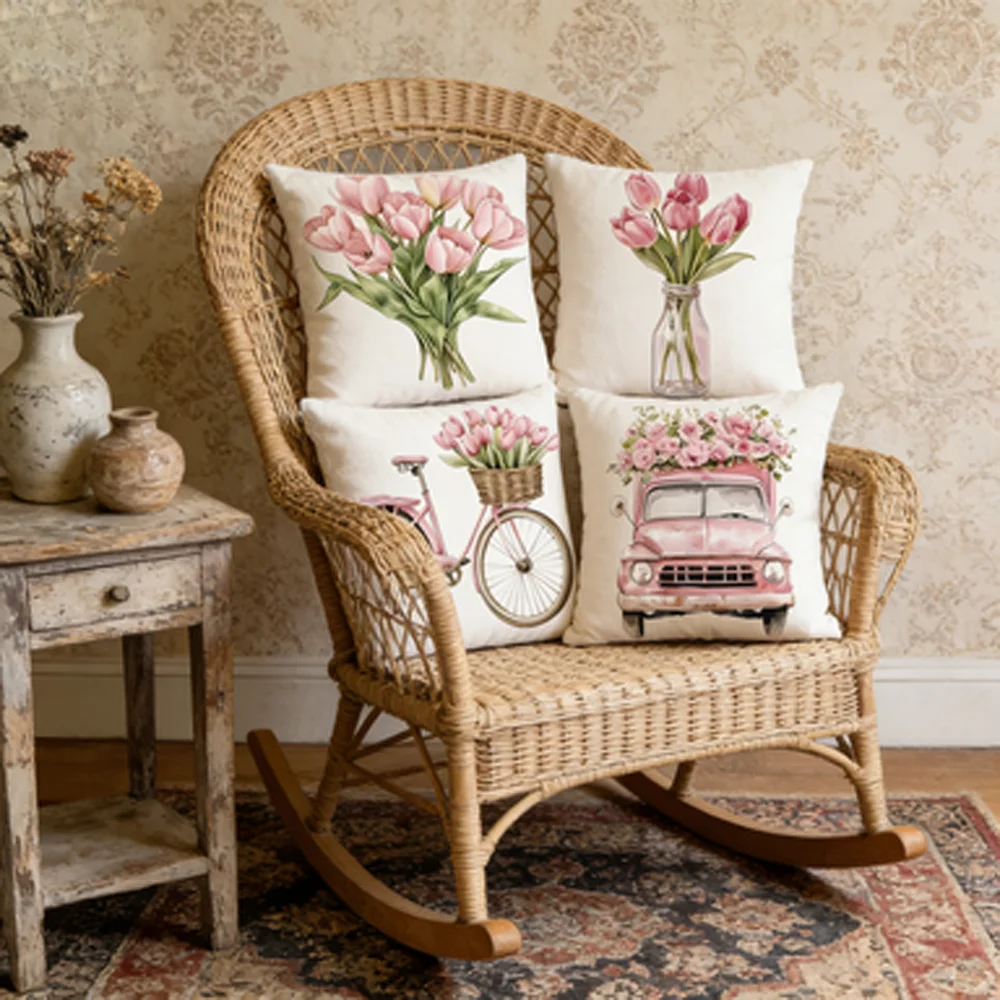 Pink Tulip Floral Pillowcase Sofa Bedroom Cushion Cover Single-Sided Printing No Pillow Core Included