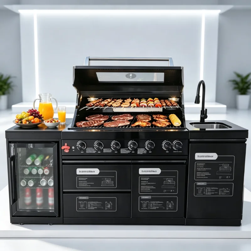 Black Modular 304 Stainless Steel 4-Burner Gas Grill, Outdoor Kitchen Island Cooking Station for Backyard Garden Patio Use