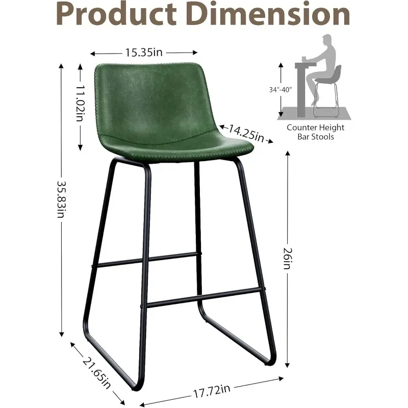 Bar Stools Set of 3,26 Inches Counter Height with Back, Faux Leather with Metal Legs and Footrest,Bar Chairs for Kitchens(Green)