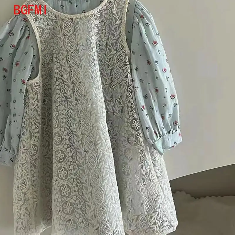 Korean Children\'s Clothing Girl Set Spring New Children\'s Floral Long Sleeved Flower Princess Dress + Beige Vest Dress 2 Pcs Set