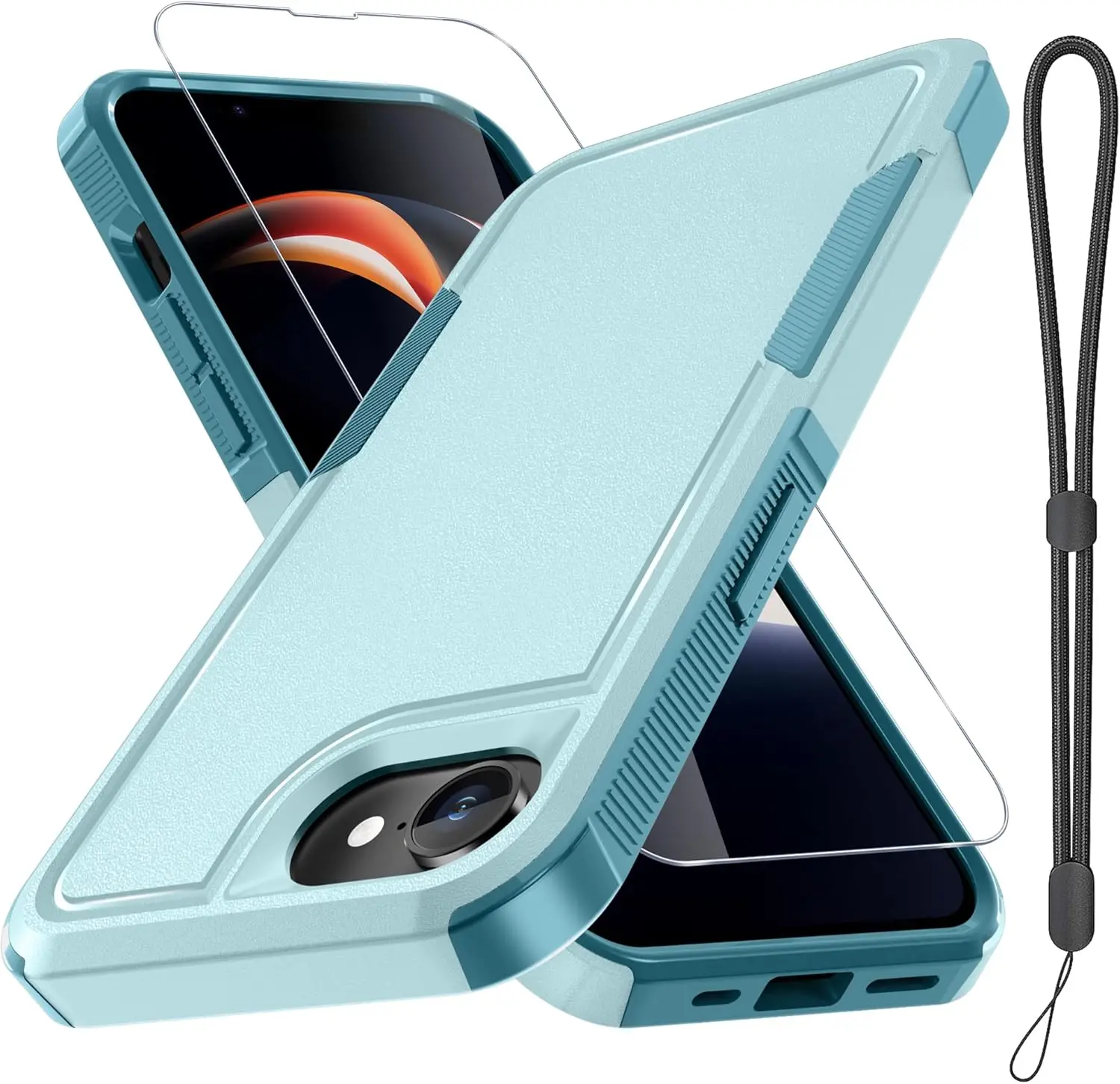 

Military Grade Shockproof Phone Case with Screen Protector and Wrist Strap for iPhone Models, Mint Green