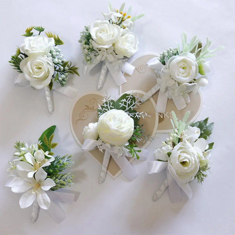 Ramillete de flores artificiales blancas para hombre, broche de boda, pulsera de novia, decoración de ojal