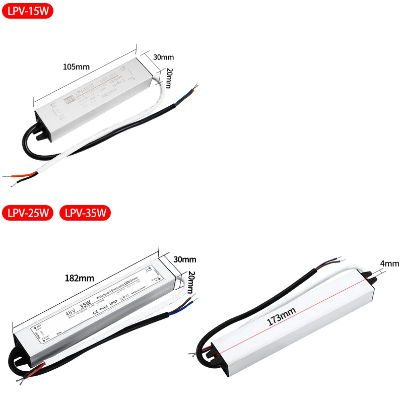 IP67 Waterproof Switching Power Supply LPV 15W 25W 35W 50W 60W 80W 100W 120W 150W AC/DC 12V 24V 48V Constant Voltage LED Driver