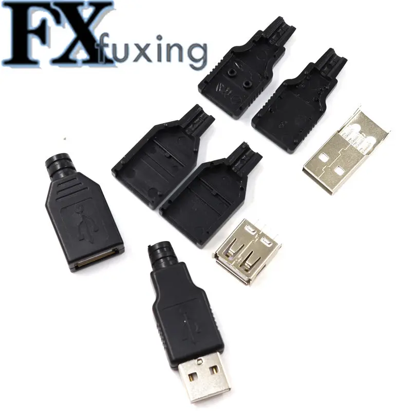 10pcs 5Set Type A Male Female USB 4 Pin Plug Socket Connector With Black Plastic Cover Type-A DIY Kits A Female Black