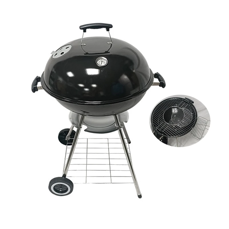 

22.5 Inch Metal Kettle BBQ Grill Trolley Design Double Cooking Grate and Basket Simple Charcoal Grill