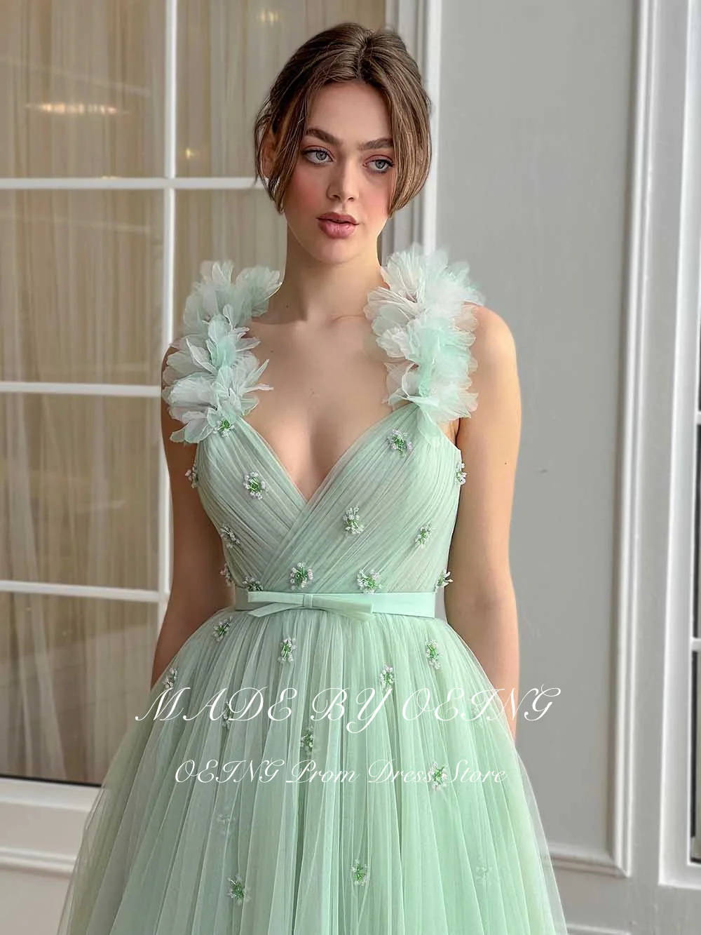 OEING Pastrol Mint Green Prom Dresses Fairy 3D Flowers Party Dress For Women Princess Tea Length Formal Wedding Gowns Summer