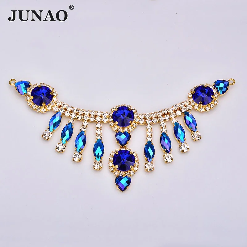 JUNAO 155x60mm Blue AB Crystal Fringe Glass Rhinestones Chain Tassel Strass Applique Sew On Crystal Sash for DIY Dress Headwear