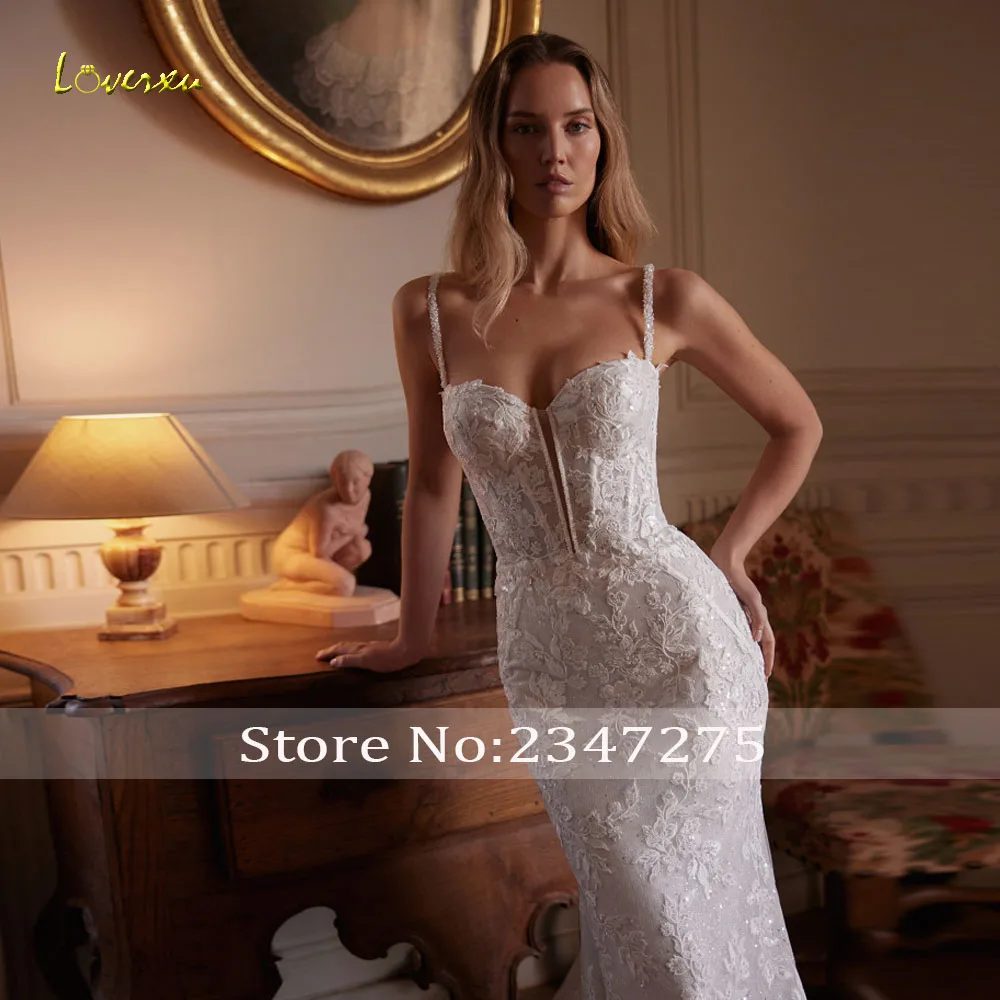 Loverxu sirena vestidos De Novia Sexy tirantes espagueti Vestido De Novia encaje bordado con chaqueta vestidos De Novia hechos a medida