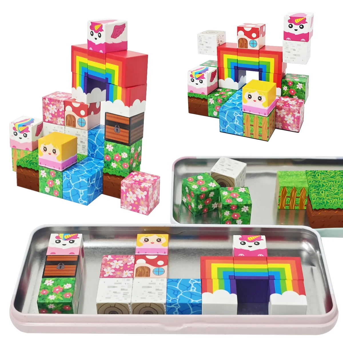 Regenbogen-Einhorn-Magnetblock-Set, magnetisches Bauspielzeug, magnetisches Würfel-Stapelspielzeug, Weihnachts- und Halloween-Geschenke