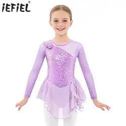 Kinderen Meisje Kunstschaatsen Ballet Lyrische Dans Maillots Jurk Lange Mouw Ronde Hals Pailletten Holle Rug Ballroom Dans Jurk