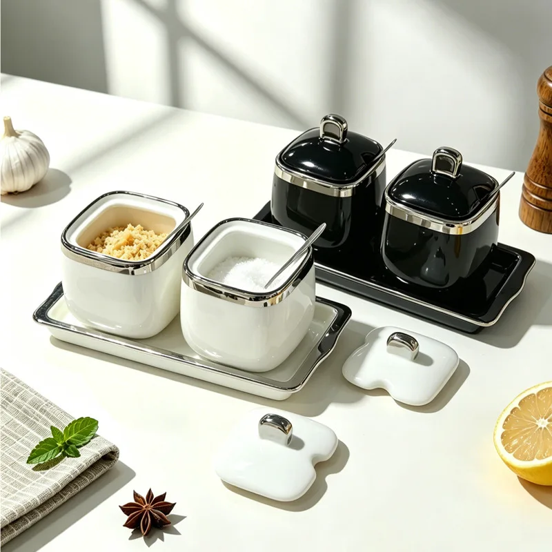 DSA ceramic seasoning jar, full set of household seasoning box, salt and sugar jar set, kitchen supplies with spoon combination 2