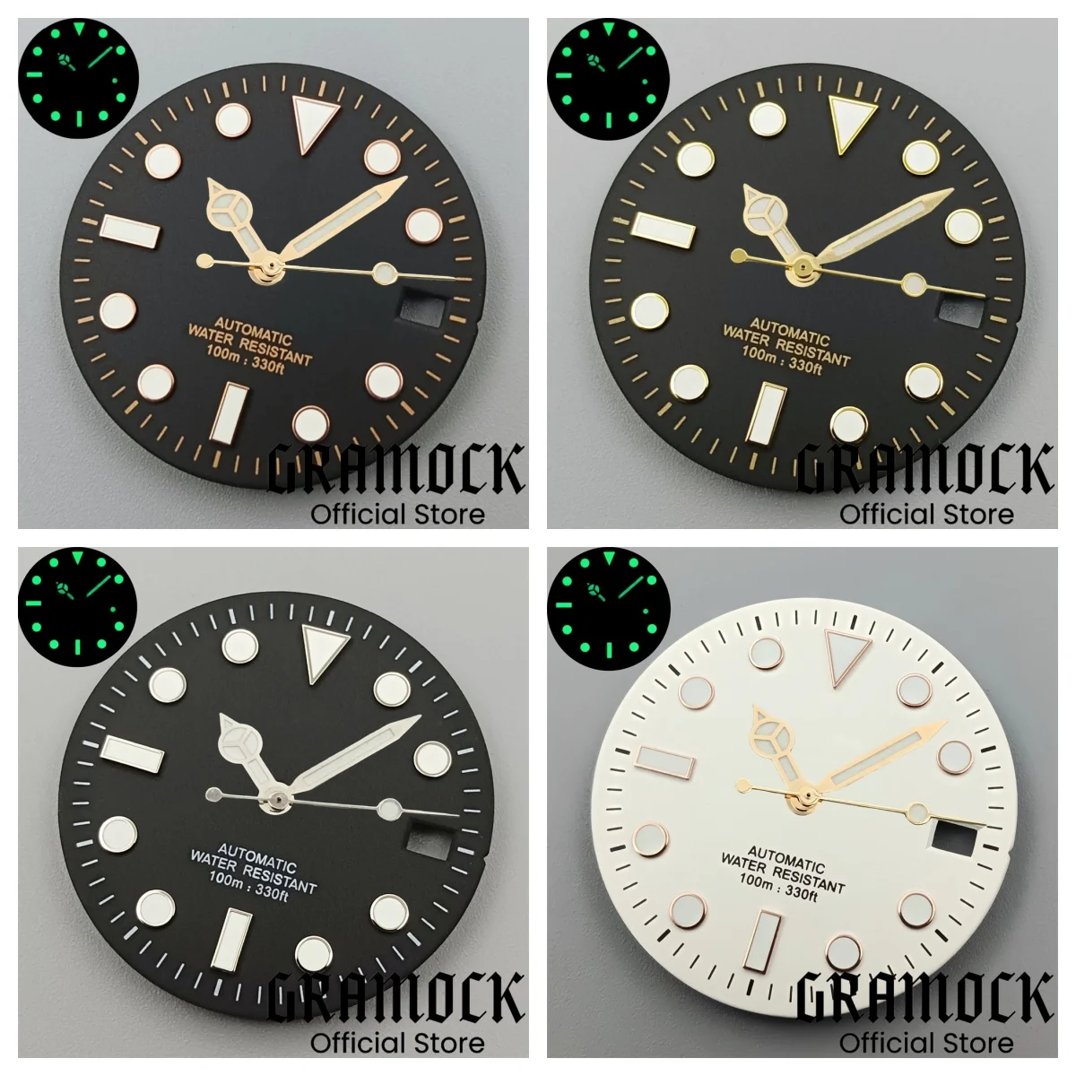 Gramock 29mm Black And White Dial Gold Silver Rose Edge Time Marks Green Luminous Dial Fit NH35 NH36 Movement Watch Accessories