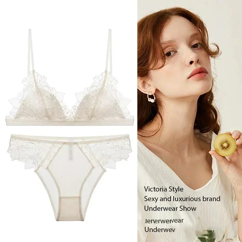 BANERDANNI Pure Desire Victoria French Lace Embroidered Lingerie Women's Thin Cup Triangle Cup Bra Set Comfortable No Underwire
