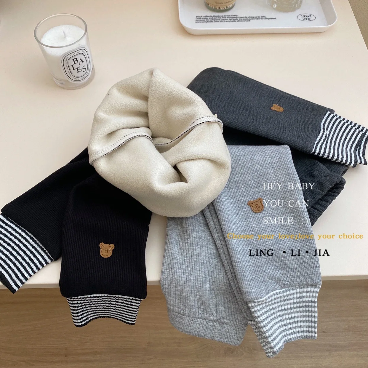 Korean Autumn Winter Kid Boy Leggings Cotton Plus Velvet Children Boy Basic Pant Bear Solid Striped Elastic Hem Kid Boy Trousers