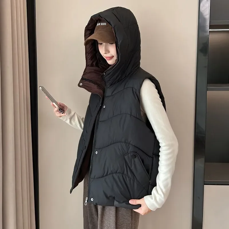 

Winter New Hooded Down Cotton Vest Women Korean Fashion Zipper Sleeveless Jacket Loose Casual Warm Waistcoat Female Tops T1666