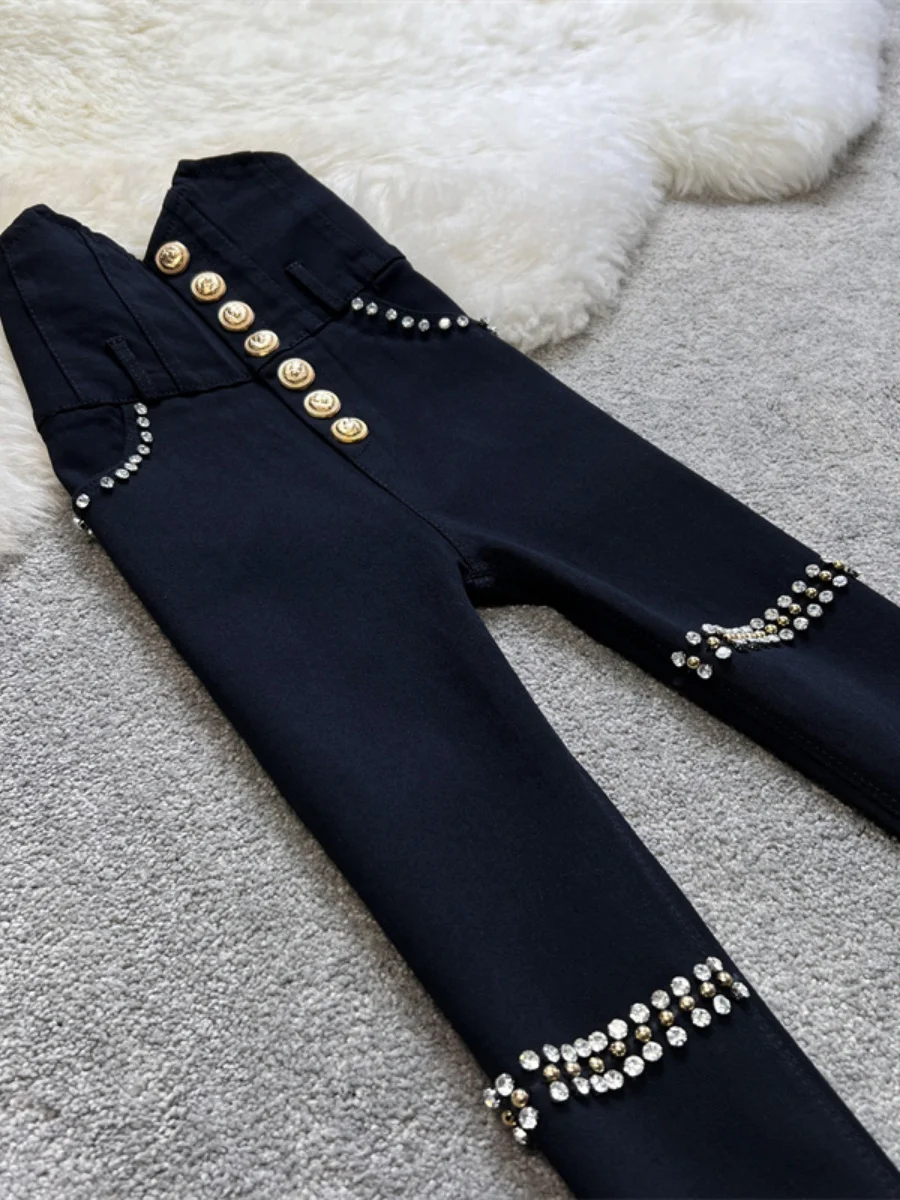 Winter New Autumn Fashion Heavy Industry Buttons High Waist Beaded Elastic Black Leggings Women's Stretch Pencil Pants Trousers