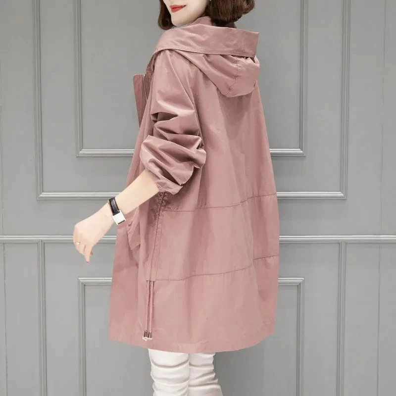 

2024 New Women's Trench Coat Casaco Feminino Fashion Spring Autumn Korean Thin Coat Mid-Length Loose Hooded Casual Outerwear