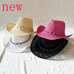 2024 New Spring and Summer Cowboy Straw Hat Hand-knitted Outdoor Travel Beach Hat Unisex Western Cowboy Straw Hat