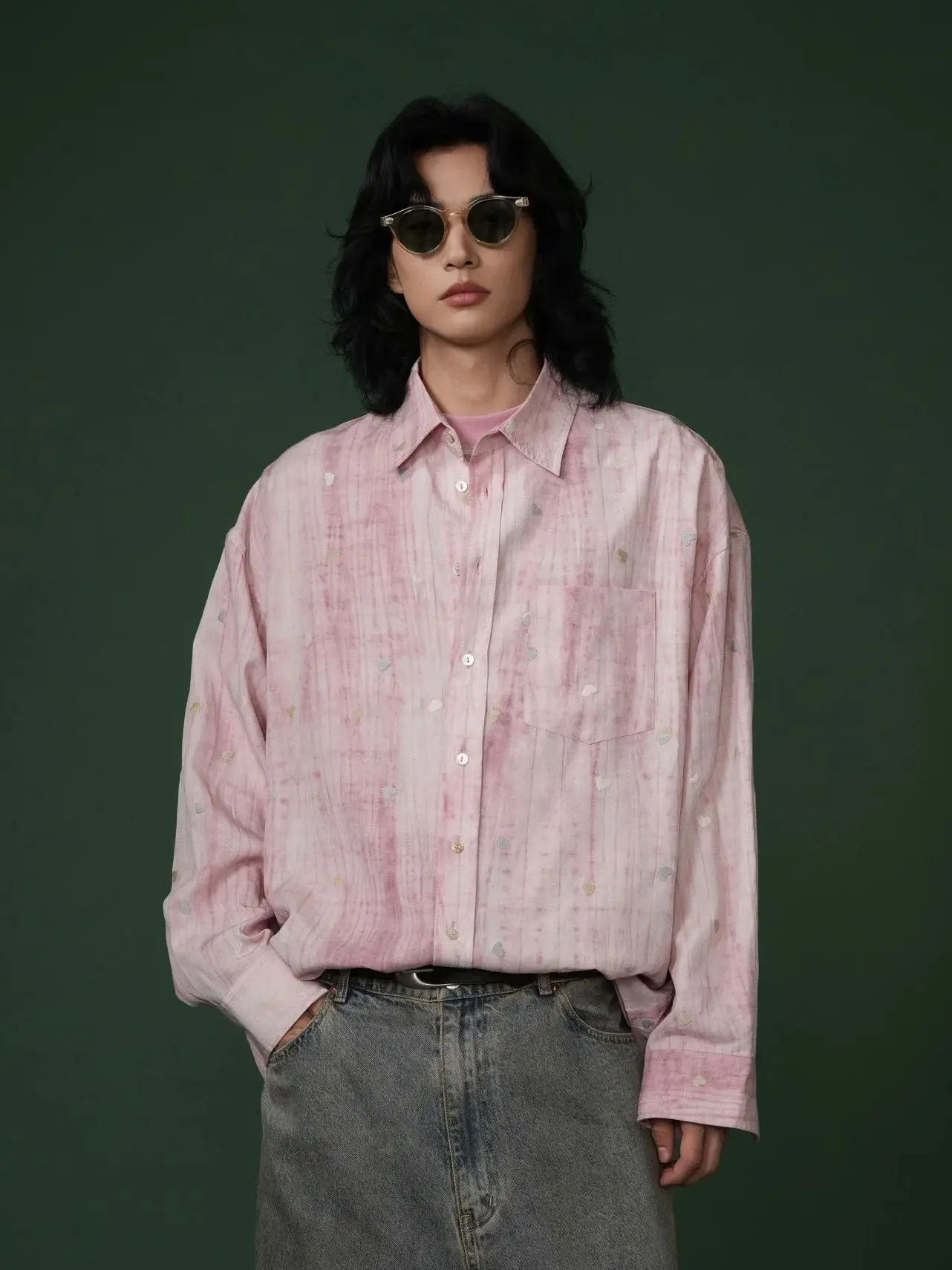 A NEW STUDIO Autumn-Winter New Collection Men's Pink Heart-Shape Linen Tencel Retro Fashionable Loose-Fitting Collar Shirt