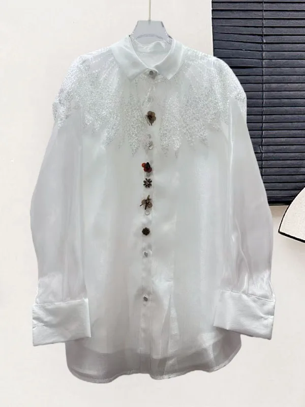 

Женская свободная блузка в корейском стиле с длинным рукавом, жемчужной отделкой и воротником, скрывающая живот